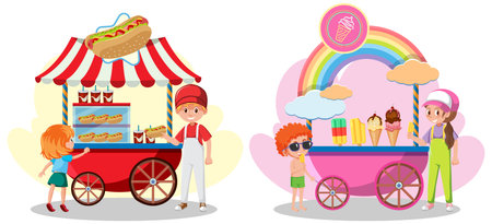 Street food cart concept with ice cream cart and hotdog cart illustrationのイラスト素材