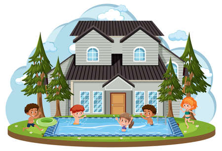 In front of house with children swimming in the pool  illustrationのイラスト素材