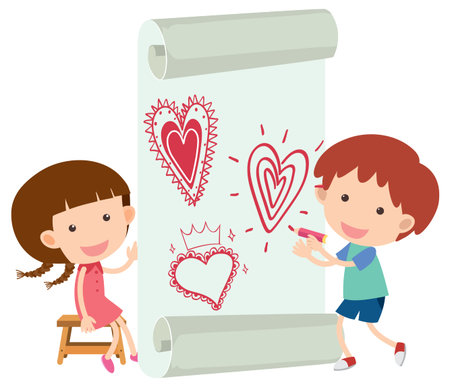 Two kids with heart doodle on paper illustrationのイラスト素材