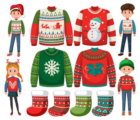 People wearing christmas sweater illustrationのイラスト素材
