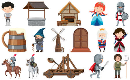 Medieval characters buildings set illustrationのイラスト素材