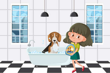 A girl washing her beagle dog in the bathroom illustrationのイラスト素材