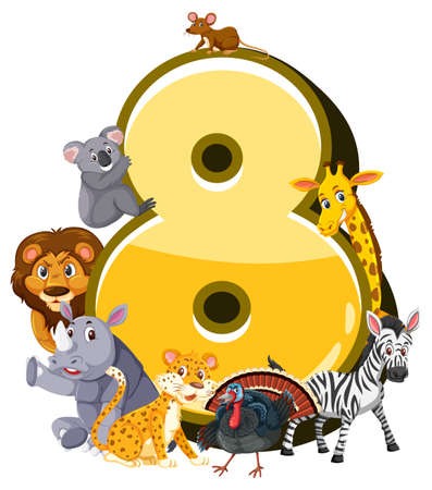 Different eight animals attached to number eight illustrationのイラスト素材