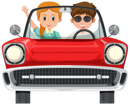Couple in classic red car on white background illustrationのイラスト素材