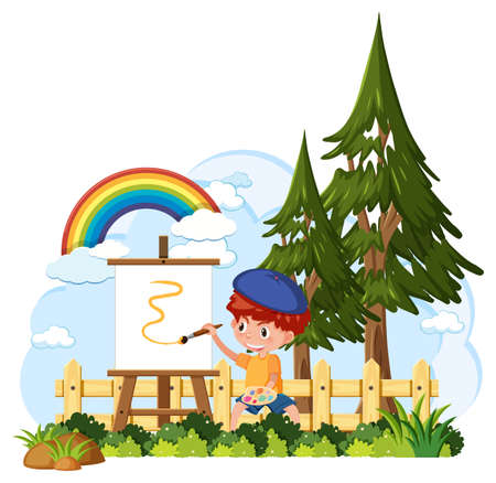 Isolated outdoor park with a boy drawing on canvas illustrationのイラスト素材
