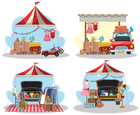 Flea market concept with set of different stores illustrationのイラスト素材