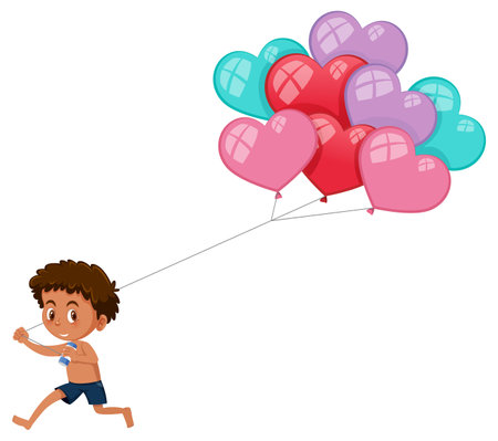 A boy holding many heart balloons illustrationのイラスト素材