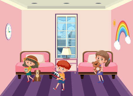 Pink bedroom scene with cartoon character illustrationのイラスト素材