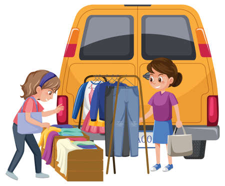 Two women buying clothes at market illustrationのイラスト素材