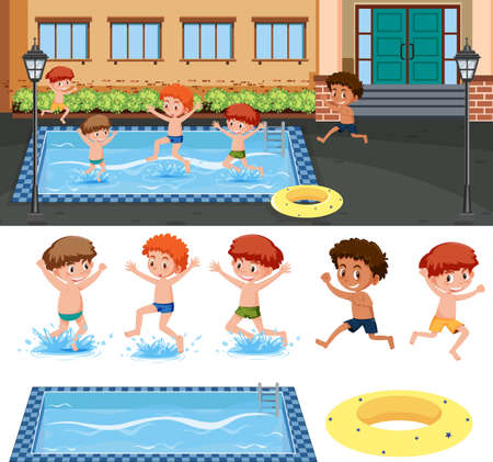 Children swimming in the pool concept illustrationのイラスト素材