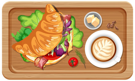 Top view of breakfast on a wooden tray illustrationのイラスト素材