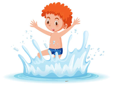 A water splash with fun boy on white background illustrationのイラスト素材
