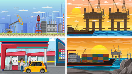 Set of oil petrol and gas relevant scene illustrationのイラスト素材