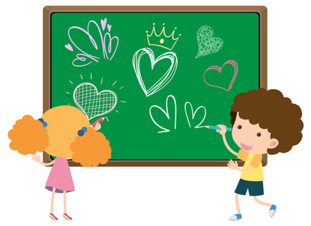 Two kids drawing heart doodle on chalkboard illustrationのイラスト素材