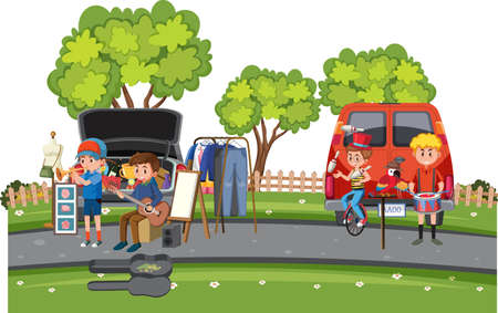People performing at the yard sale illustrationのイラスト素材