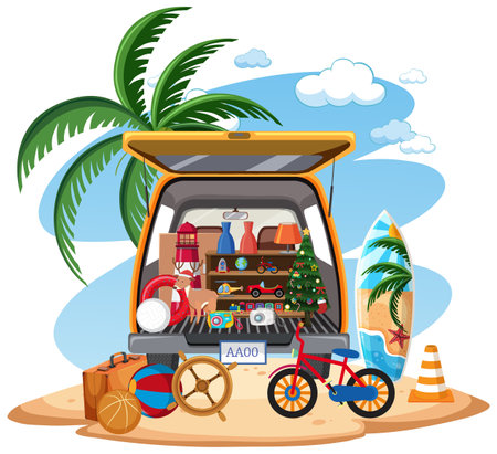 Flea market concept with car boot sale illustrationのイラスト素材