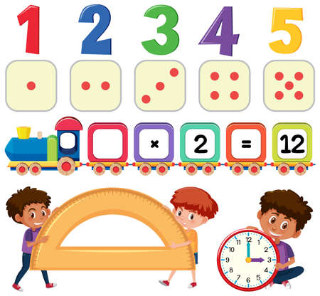 Math classroom objects with supplies and students illustrationのイラスト素材