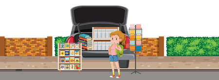 Girl standing by newspaper truck illustrationのイラスト素材