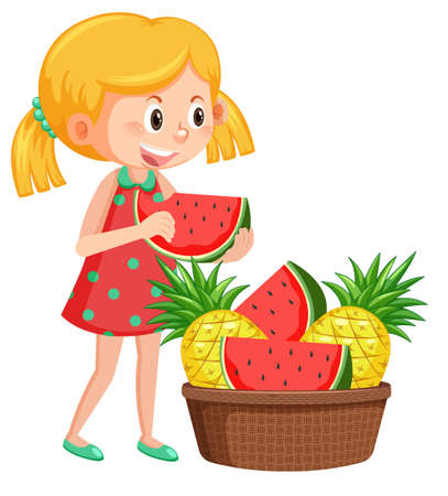 Girl with fruit basket on white background illustrationのイラスト素材