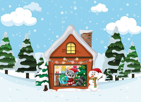 Christmas holidays with house in snow illustrationのイラスト素材