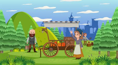 Medieval town cartoon scene with villagers illustrationのイラスト素材