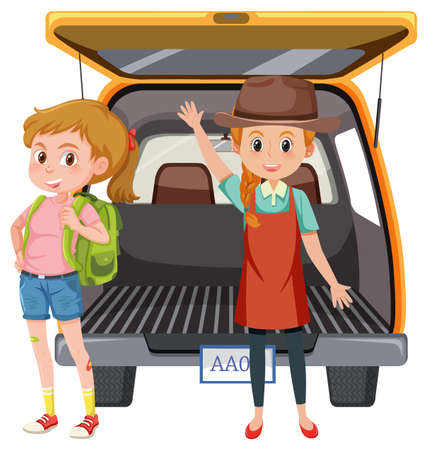 People standing behind yellow van illustrationのイラスト素材