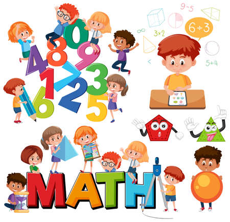 Math classroom objects with supplies and students illustrationのイラスト素材