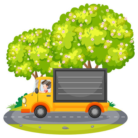 Simple cartoon on delivery man driving a truck illustrationのイラスト素材