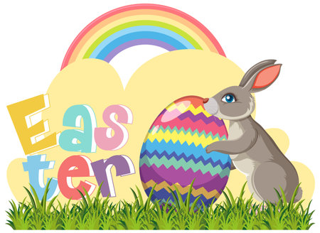 Happy Easter design with bunny in garden illustrationのイラスト素材