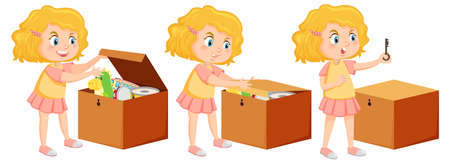 Cartoon girl putting his toy into the box illustrationのイラスト素材
