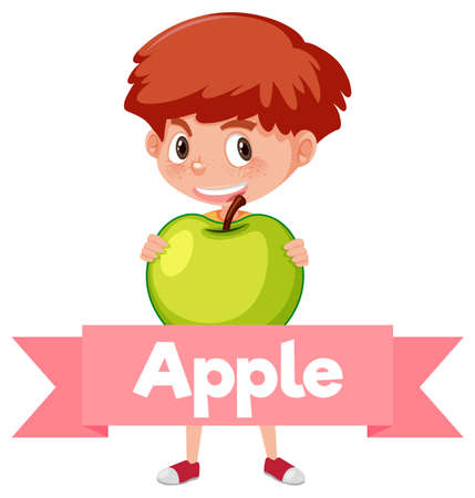 A boy holding fruit with letter on white background illustrationのイラスト素材