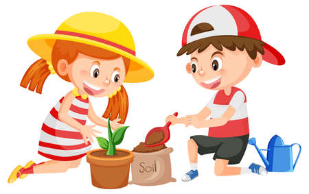 Boy and girl cartoon gardening on white background illustrationのイラスト素材