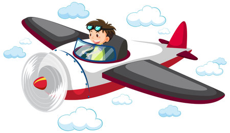 Boy flying cute airplane in the sky illustrationのイラスト素材