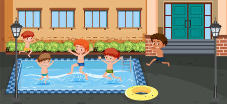 Outdoor swimming pool scene with children illustrationのイラスト素材