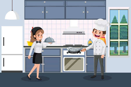 Chef and waitress working in the kitchen illustrationのイラスト素材