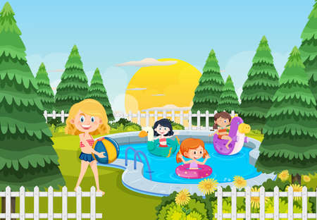 Children awimming at the pool at the back of the house illustrationのイラスト素材