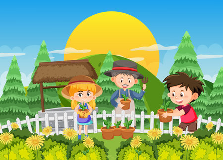 Happy people in the park gardening illustrationのイラスト素材