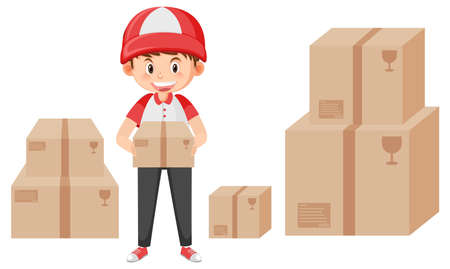 Courier man carrying carton box cartoon illustrationのイラスト素材