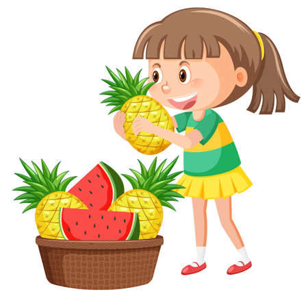 Girl with fruit basket on white background illustrationのイラスト素材