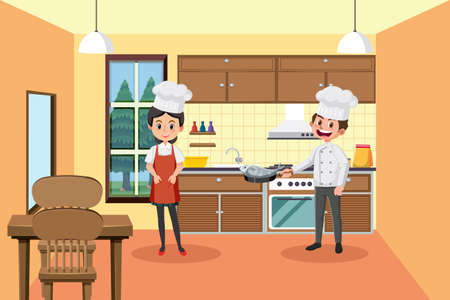 Two chefs working in kitchen illustrationのイラスト素材