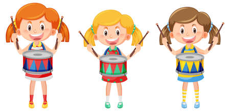 Set of kid playing drum cartoon character illustrationのイラスト素材