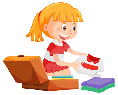 Girl folding clothes and packing luggage illustrationのイラスト素材
