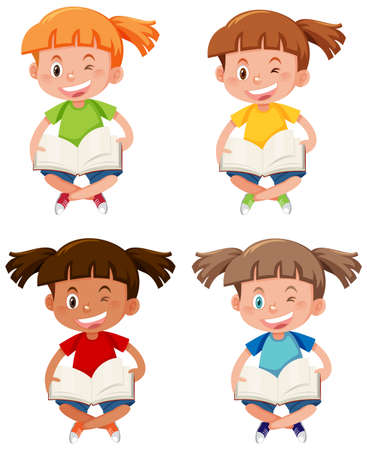 Set of different girls reading books illustrationのイラスト素材