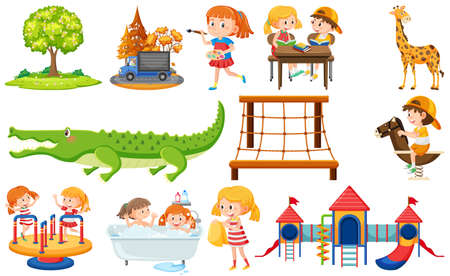 Set of cute kids and objects illustrationのイラスト素材