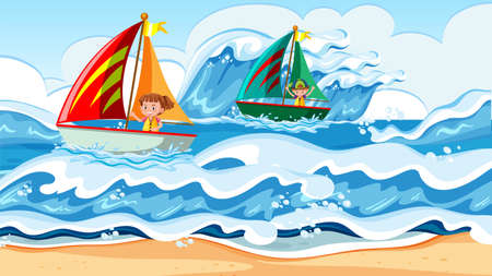 Children sailing boat racing on the sea illustrationのイラスト素材
