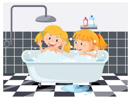 Happy children in bathtub illustrationのイラスト素材