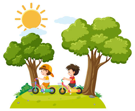 Children riding bicycle at park illustrationのイラスト素材