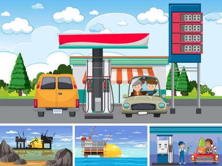 Four different petroleum industry scenes illustrationのイラスト素材