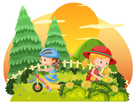 Girls at the park sunset illustrationのイラスト素材