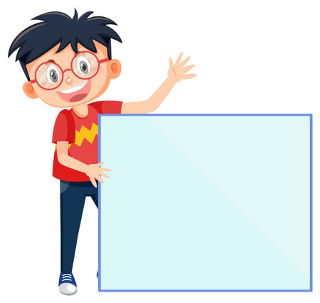 Cute boy holding blank board in cartoon style illustrationのイラスト素材